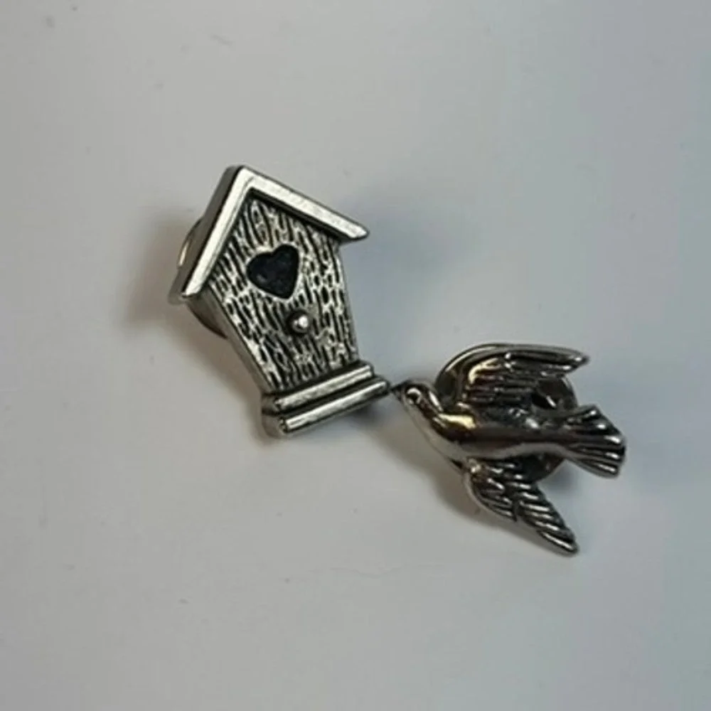 Birdhouse Bird Silver Tone Pin Set Preowned Nature Lapel Pins Small